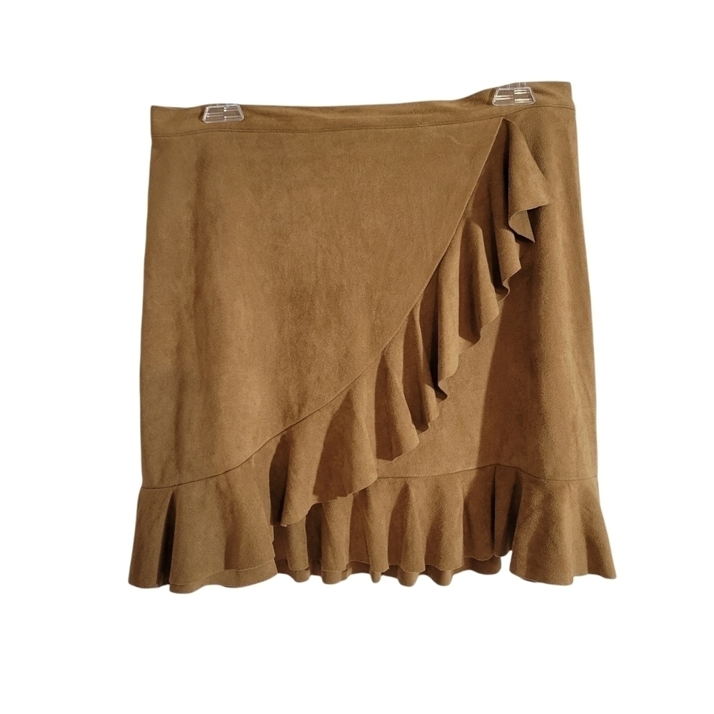 BB Dakota Coffee Tan Faux Suede Asymmetric Ruffle Mini Skirt